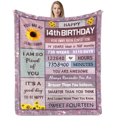 Happy 14th Birthday Sunshine Blanket featuring rustic wood text