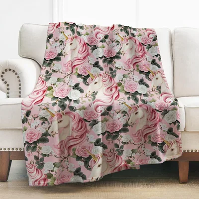 Pink Roses Floral Pattern Blanket: Whimsical Unicorn and Rose Design