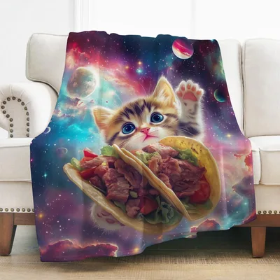 Kitten Eating Taco Blanket: Cosmic Cat with Food Design