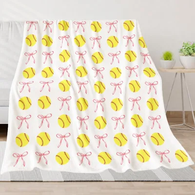 Softball Pink Bows Pattern Blanket: Yellow Balls and Ribbons