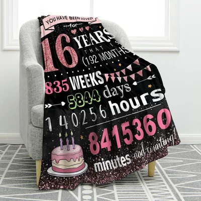 Sweet 16 Birthday Countdown Blanket featuring a glittery pink sixteen