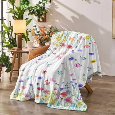 Watercolor Butterfly Floral Blanket featuring delicate wildflowers