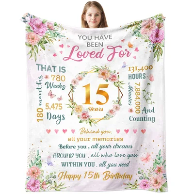Loved for 15 Years Birthday Blanket featuring floral wreaths