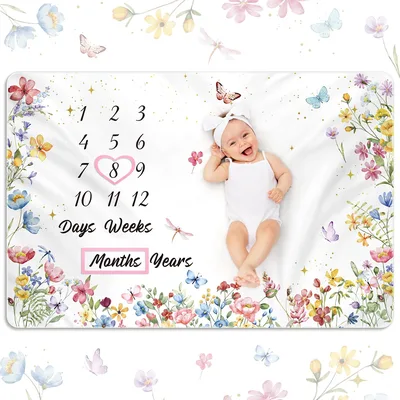 Wildflower Monthly Milestone Numbers Blanket for Tracking Baby Growth