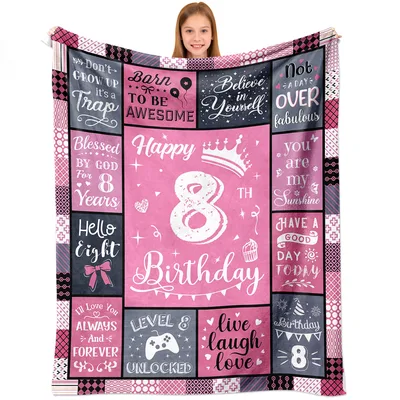 Happy 8th Birthday Girl Blanket featuring a pink patchwork design