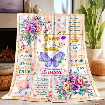 Queen Birthday Butterfly Floral Blanket features purple