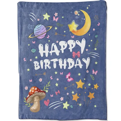 Happy Birthday Space Stars Blanket: Cosmic Moon and Mushroom Design