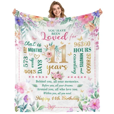 Happy 11th Birthday Loved Blanket featuring floral borders