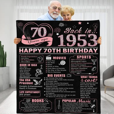 Happy 70th Birthday Back Blanket featuring a 1953 infographic