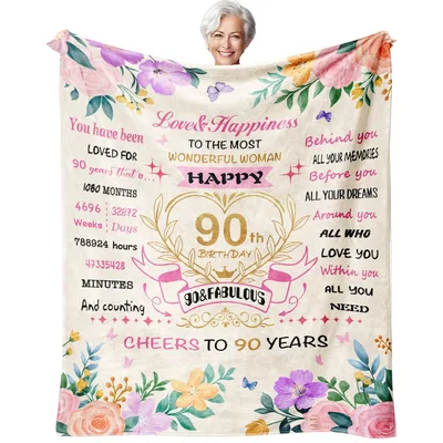 Happy 90th Birthday Floral Wishes Blanket featuring floral borders