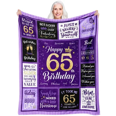 Happy 65th Birthday Typography Blanket featuring purple squares