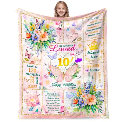 Loved Happy 10th Birthday Blanket Features Pink Butterflies