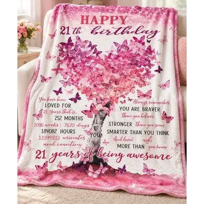 Happy 21st Birthday Pink Blanket: Butterfly Tree Design for Twenties
