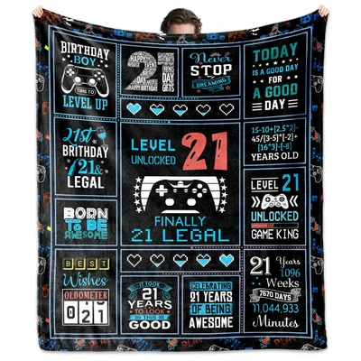 21st Birthday Level Unlocked Blanket with Gaming Theme and Quotes