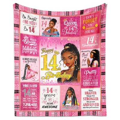 Happy 14th Birthday Queen Blanket featuring bold pink patchwork art