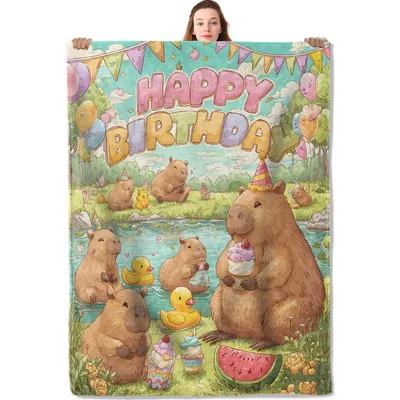 Happy Birthday Capybaras Blanket features a festive scene