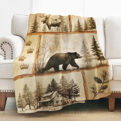Rustic Cabin Blanket with a Bear, Moose and Pines