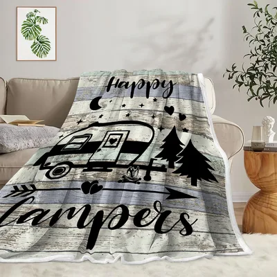 Camping Trailer Rustic Blanket for Happy Campers and Road Trip Fans