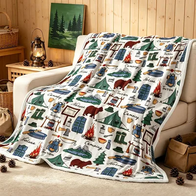 Camping Gear Blanket: Outdoor Icons on Soft Fleece