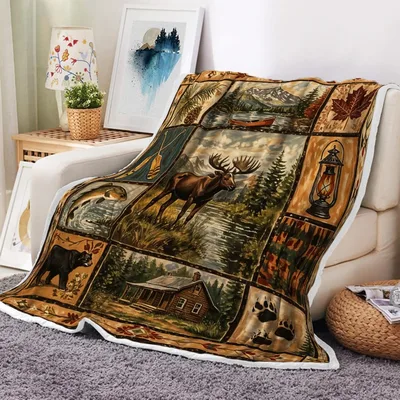 Cabin Wildlife Patchwork Blanket: Rustic Bear and Moose Design