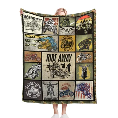 Motorcycle Patchwork Ride Away Blanket: Vintage Biker Collage Design