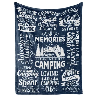Camper Memories Blanket: Campfire Quotes in White on Navy