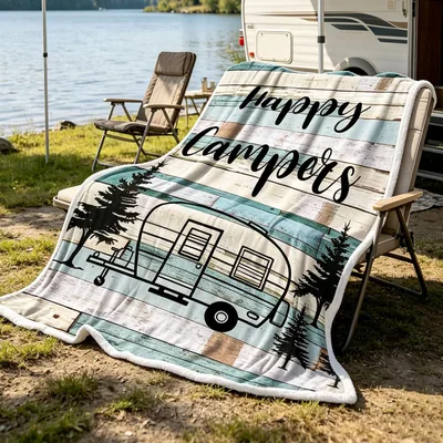 Camping Trailer Blanket for Happy Campers and Road Trip Fans