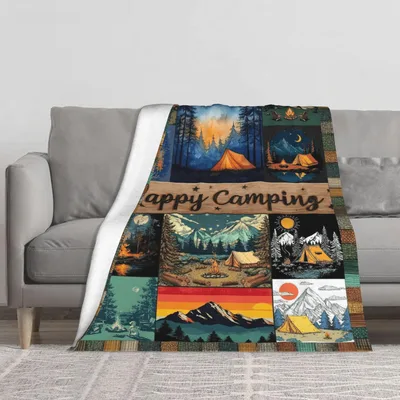 Camping Tents Mountains Blanket: Happy Camping Collage Design