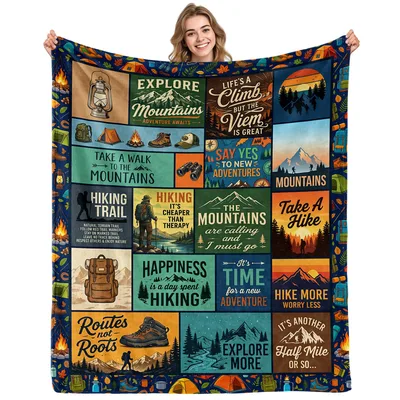 Hiking Mountain Adventure Blanket: Vintage Trail Quotes and Scenery