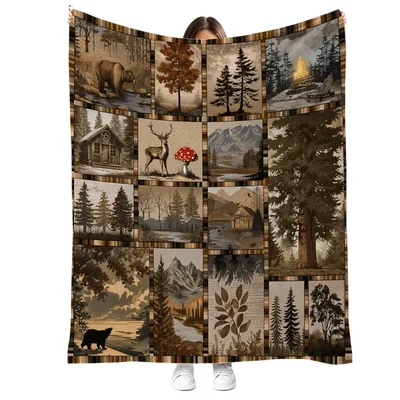 Woodland Forest Blanket: Rustic Cabin and Pine Scenes
