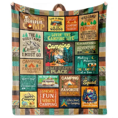 Campfire Friends Blanket: Camping Quotes Collage Throw