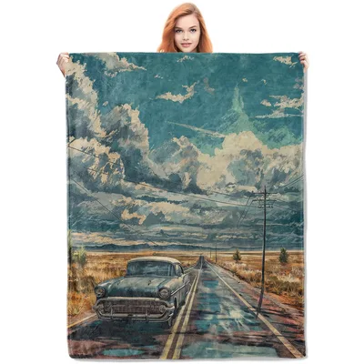 Vintage Car Road Blanket: Classic American Highway Journey
