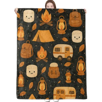Camping Cartoon Pattern Blanket: Cute Campfire and Tent Throw