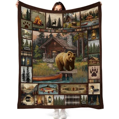 Camping Cabin Blanket with a Bear and Lakeside Lodge Scene