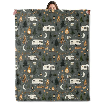 Camping Campfire Pattern Blanket: Retro Camper and Forest Throw