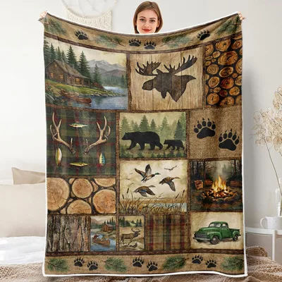 Rustic Cabin Lodge Blanket features a patchwork of wildlife