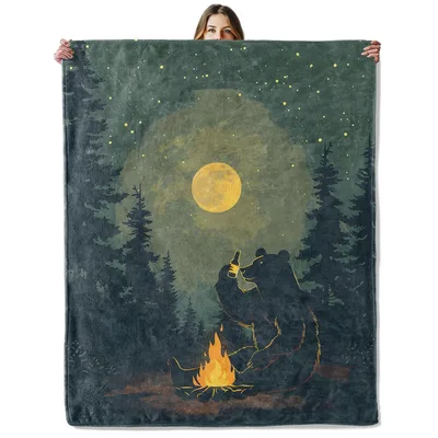 Camping Bear Blanket: A Moonlit Campfire Scene