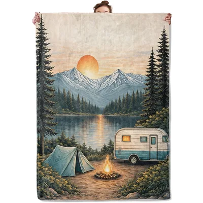 Mountain Lake Camping Blanket: A Lakeside Sunset Scene