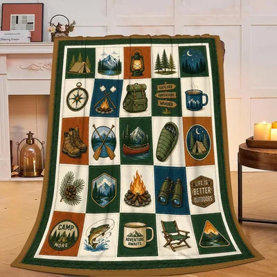 Outdoor Lover Camping Blanket: Patchwork Trail Print