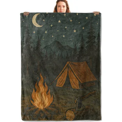 Camping Under Stars Blanket: Campfire and Tent Scene