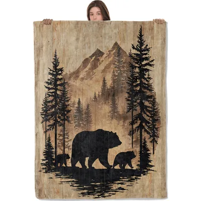 Bear Family Forest Silhouette Blanket for Cabin Lovers