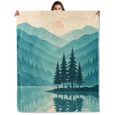 Teal Landscape Blanket: Mountain Lake Calm for Cozy Nights