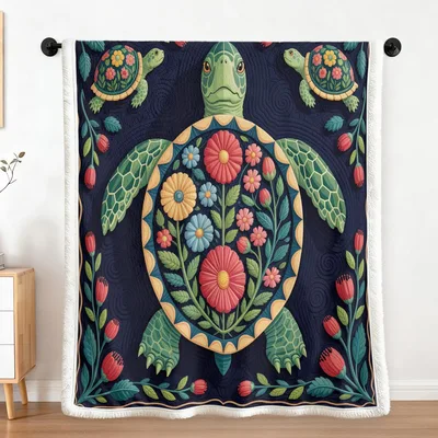 Ocean Shell Blanket: Sea Turtle and Floral Pattern Throw
