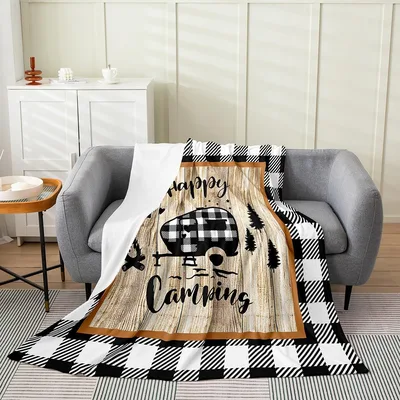 Happy Camping Wooden Sign Blanket: Rustic Camper Design