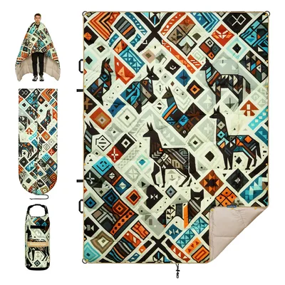 Horses in Geometric Diamonds Blanket: Tribal Art for Campers
