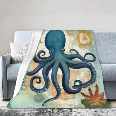 Octopus Sea Animals Map Blanket featuring a large blue cephalopod