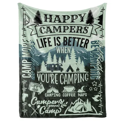 Happy Campers Life Blanket featuring vintage camping typography