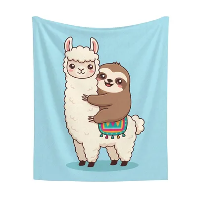 Sloth Hugging Llama Cartoon Blanket for Cozy Animal Lovers