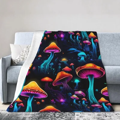 Neon Glowing Mushrooms Blanket: Luminous Fungi Design for Cozy Nights