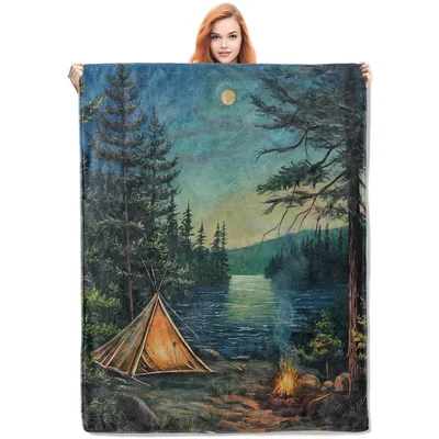 Camping Tent by Lake Blanket: A Moonlit Forest Campsite Scene